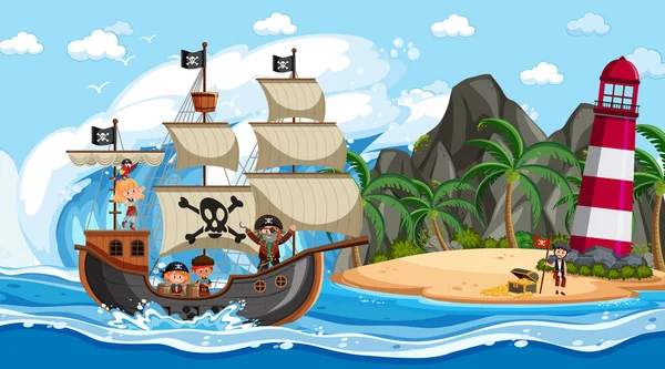Playa Escena Diurna Con Personaje Dibujos Animados Niños Piratas Ilustración — Vector de stock
