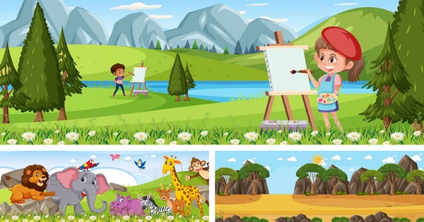 Set Van Verschillende Outdoor Panoramische Landschap Scènes Met Cartoon Karakter — Stockvector