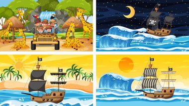 Denizde korsan gemisi ve hayvanat bahçesinde hayvanlar olan farklı sahneler.