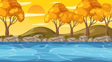 Gün batımında nehir resimleriyle boş park manzarası