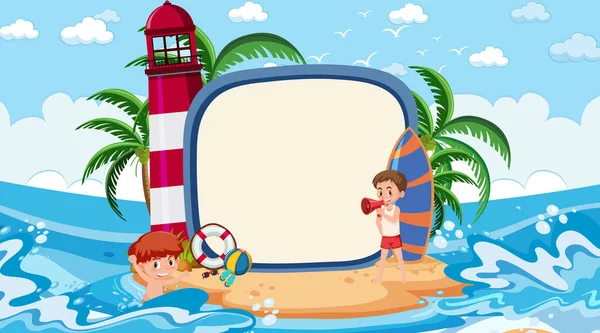 Plantilla Pancarta Vacía Con Niños Vacaciones Playa Ilustración Escena Diurna — Vector de stock