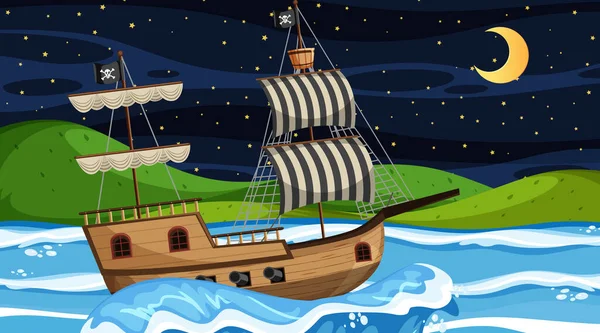 Ocean Pirate Ship Night Scene Cartoon Style Illustration — Stock Vector