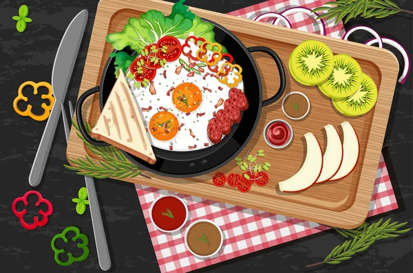 Piatto Brunch Colazione Stile Cartone Animato Sulla Tavola Illustrazione — Vettoriale Stock