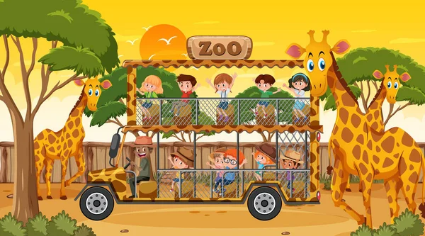 Safari Pôr Sol Cena Tempo Com Muitas Crianças Assistindo Girafa — Vetor de Stock