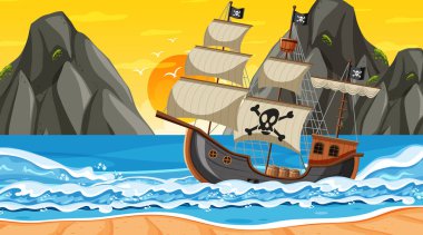 Günbatımı sahnesinde Korsan gemisiyle okyanus karikatür tarzı illüstrasyon