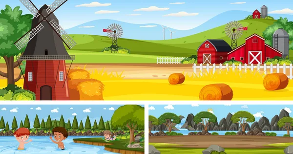 Scènes Panoramiques Extérieures Avec Illustration Personnage Dessin Animé — Image vectorielle