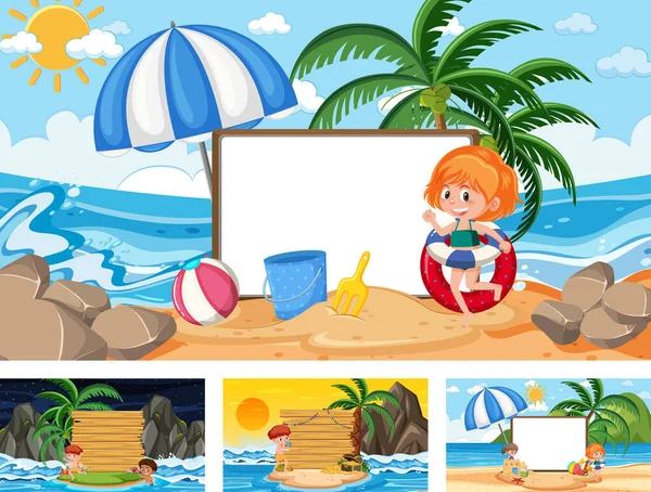 Set Blank Banner Different Tropical Beach Scenes Illustration — Stock Vector