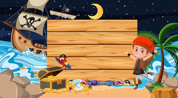 海盗的孩子们在海滩的夜晚用一个空的木制横幅模板图解 — 图库矢量图片