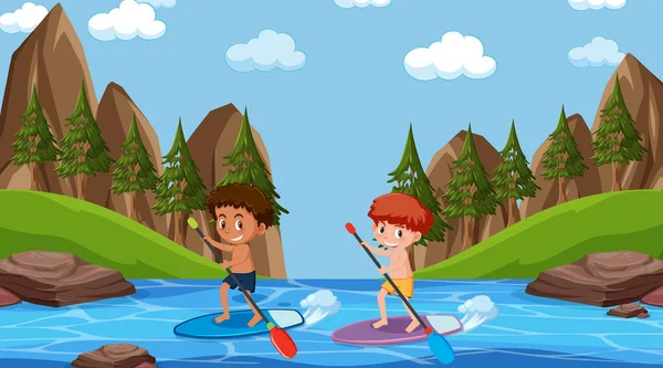 Scena Leśna Dziećmi Desce Surfingowej Ilustracji Rzeki — Wektor stockowy