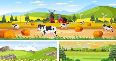 Çizgi film karakteri çizimi olan açık hava panoramik manzara seti