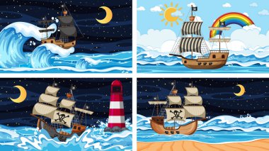 Korsan gemisi resimli farklı sahneler.