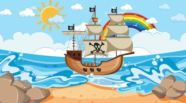 Ocean Scena Ciągu Dnia Statkiem Piratów Stylu Kreskówki Ilustracja — Wektor stockowy