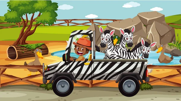 Safari Scene Many Zebras Truck Illustration — Stock Vector