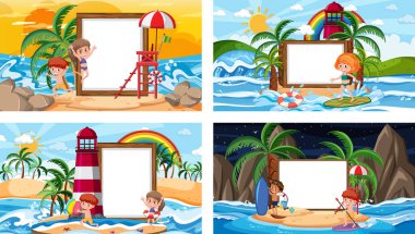 Boş afiş illüstrasyonlu farklı tropikal sahneler.