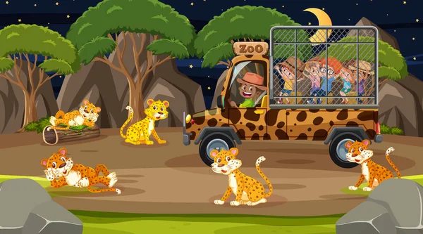 Safari Escena Nocturna Con Niños Viendo Ilustración Leopardo — Archivo Imágenes Vectoriales