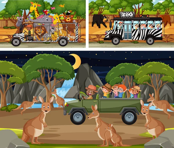 Différentes Scènes Safari Avec Des Animaux Des Enfants Illustration Personnage — Image vectorielle