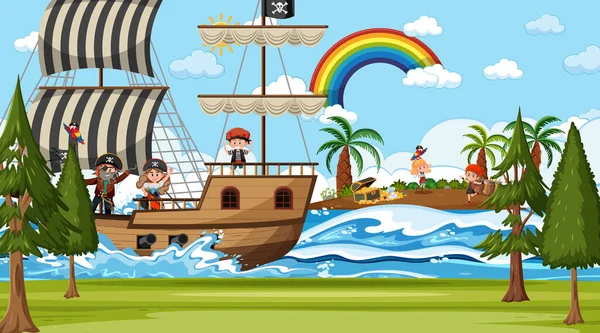 Adegan Treasure Island Siang Hari Dengan Anak Anak Bajak Laut - Stok Vektor