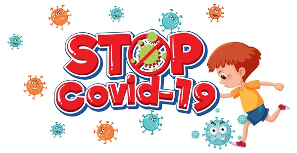 Σταμάτημα Λογότυπου Banner Covid Παιδική Εικονογράφηση Χαρακτήρων Κινουμένων Σχεδίων — Διανυσματικό Αρχείο