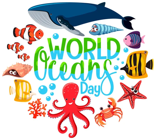 World Ocean Day Banner Sea Animals Cartoon Character White Background — Stock Vector