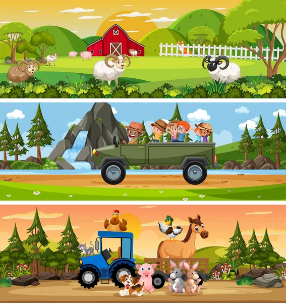 Diferente Paisaje Natural Escena Diurna Con Ilustración Personajes Dibujos Animados — Vector de stock