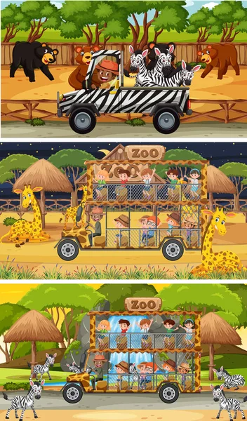 Conjunto Diferentes Escenas Horizontales Safari Con Ilustración Personajes Dibujos Animados — Vector de stock