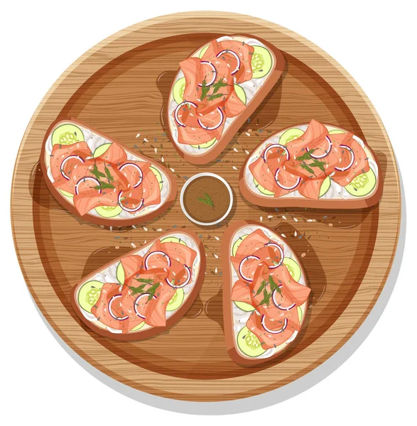 Bruschetta Salmón Ahumado Una Placa Redonda Madera Ilustración Aislada — Archivo Imágenes Vectoriales