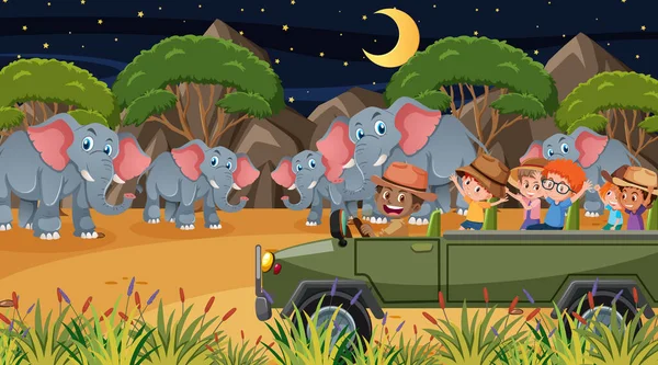 Safari Escena Nocturna Con Muchos Niños Viendo Ilustración Del Grupo — Archivo Imágenes Vectoriales