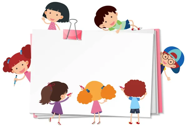 Carta Bianca Con Molti Bambini Cartone Animato Personaggio Isolato Illustrazione — Vettoriale Stock