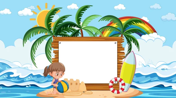 Plantilla Pancarta Vacía Con Niños Vacaciones Playa Ilustración Escena Diurna — Archivo Imágenes Vectoriales