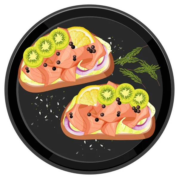 Gerookte Zalm Bruschetta Met Kiwi Topping Een Ronde Plaat Geïsoleerde — Stockvector