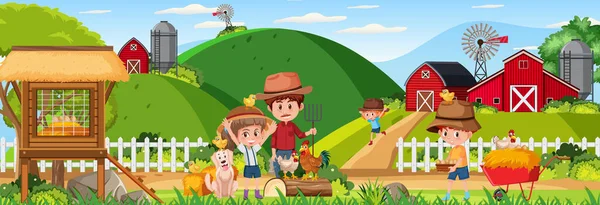 Farm Horizontális Táj Jelenet Gyerekekkel Rajzfilm Karakter Illusztráció — Stock Vector