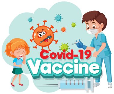 Doktor ve çocuk hasta çizgi film karakteri Covid-19 aşı yazı tipi çizimi