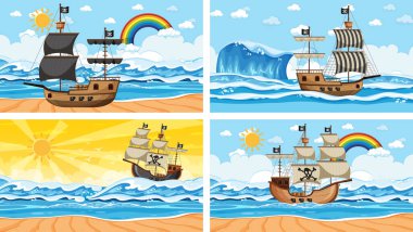 Korsan gemisi resimli farklı sahneler.