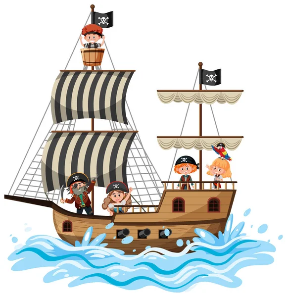 Пиратский Корабль Океанской Волне Многими Детьми Изолированы Белом Фоне Иллюстрации — стоковый вектор