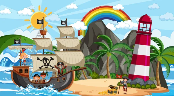 Playa Con Barco Pirata Escena Diurna Ilustración Estilo Dibujos Animados — Vector de stock