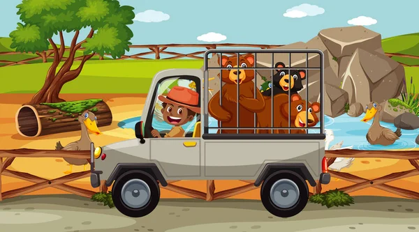 Scène Safari Avec Nombreux Ours Dans Une Cage Illustration Voiture — Image vectorielle