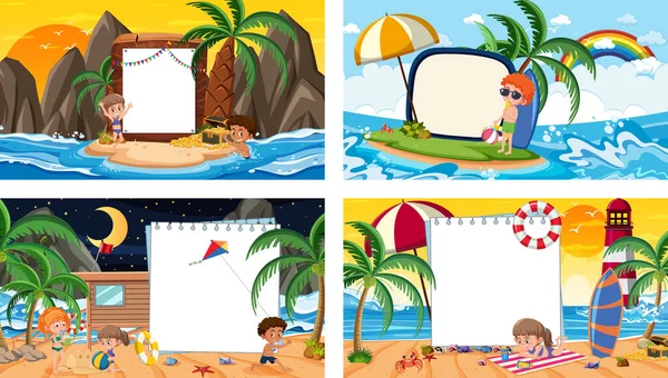 Набор Различных Тропических Пляжных Сцен Пустой Иллюстрацией Баннера — стоковый вектор