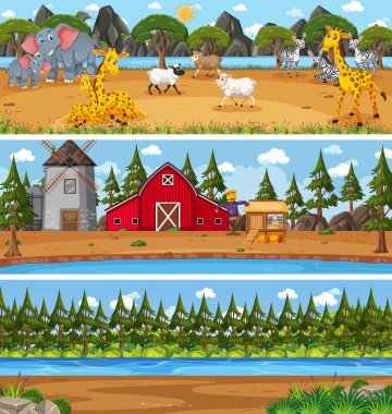 Çizgi film karakteri illüstrasyonuyla gündüz sahnesinde farklı doğa manzarası