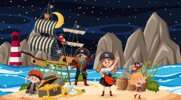 Escena Treasure Island Por Noche Con Ilustración Niños Piratas — Vector de stock