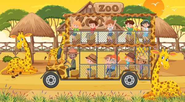 Safari Coucher Soleil Scène Avec Des Enfants Regardant Girafe Illustration — Image vectorielle