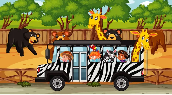 Safari Scene Many Bears Kids Tourist Bus Illustration — Archivo Imágenes Vectoriales