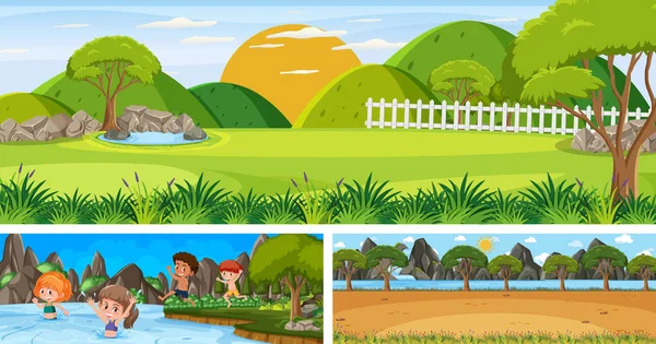 Set Van Verschillende Outdoor Landschap Scènes Met Cartoon Karakter Illustratie — Stockvector