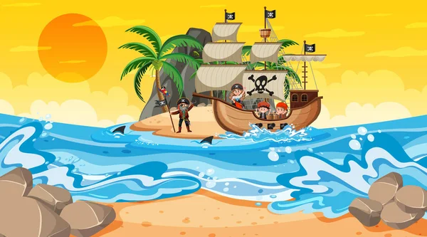 Ozean Mit Piratenschiff Bei Sonnenuntergang Cartoon Illustration — Stockvektor
