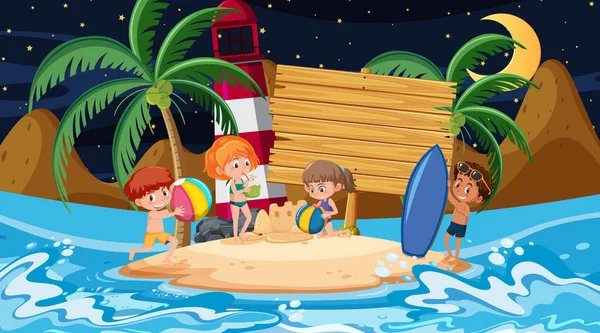 Niños Vacaciones Escena Nocturna Playa Con Una Plantilla Banner Madera — Vector de stock