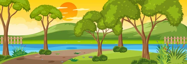 Forest River Horizontal Scene Sunset Time Many Trees Illustration — Stock Vector