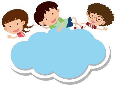 Birçok çocuk çizgi film karakteri resimli boş bulut şekilli pankart