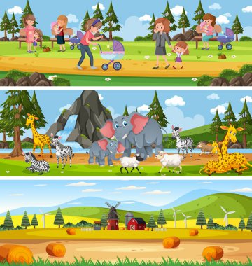 Çizgi film karakteri çizimleri ile açık hava manzara sahnesi