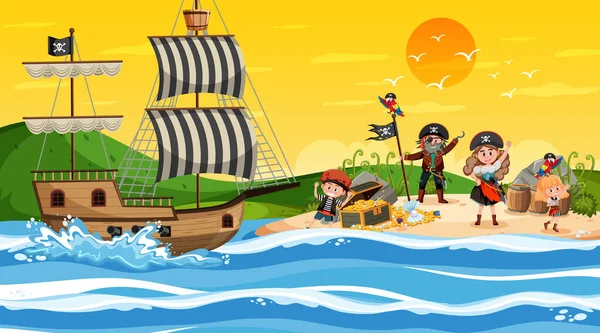 Escena Treasure Island Atardecer Con Ilustración Niños Piratas — Vector de stock