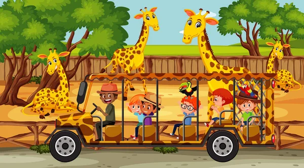 Safari Scene Children Watching Giraffe Group Illustration — Archivo Imágenes Vectoriales