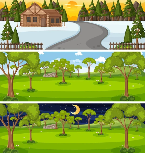 Conjunto Escenas Horizontales Naturaleza Diferente Ilustración — Vector de stock